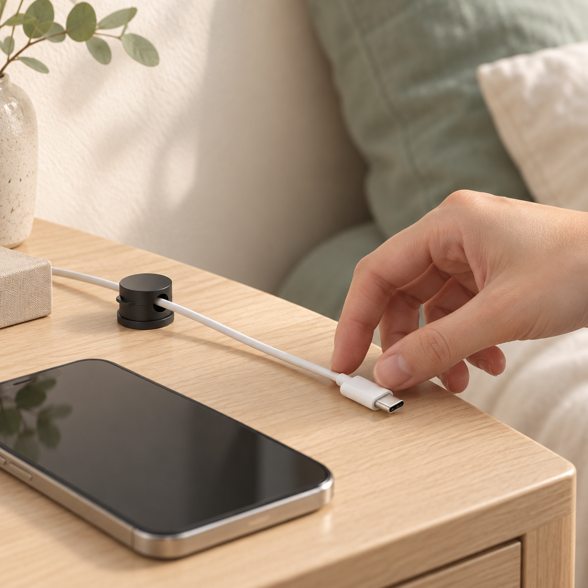 TrapSir cable holder — illustrative charging-area routine; scene accessories not included.