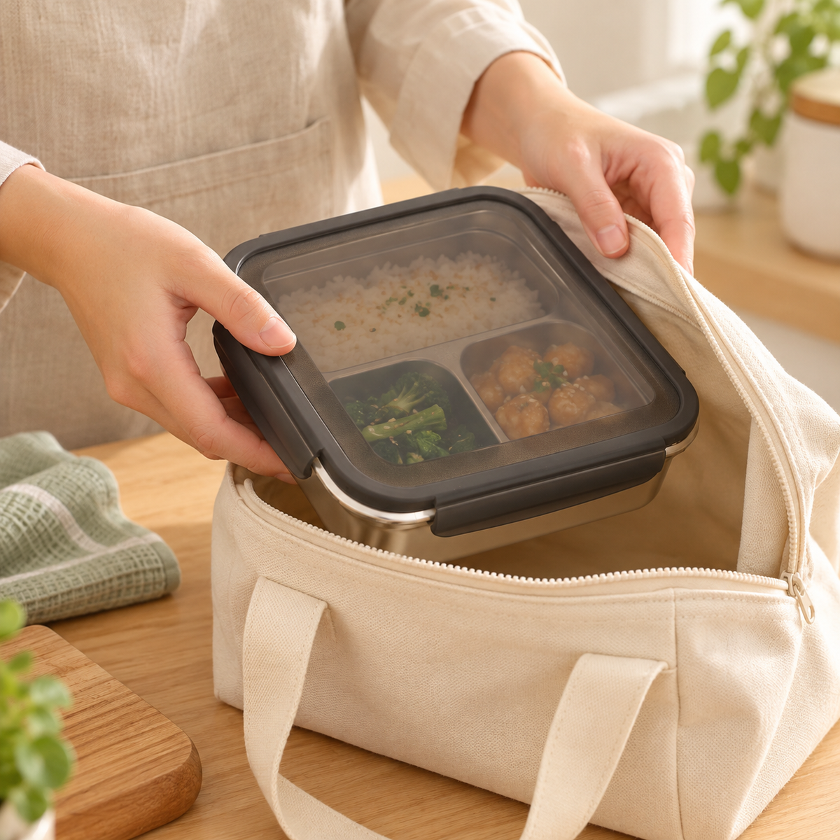 Three-Compartment Lunch Box with Lid — illustrative use or setup scene