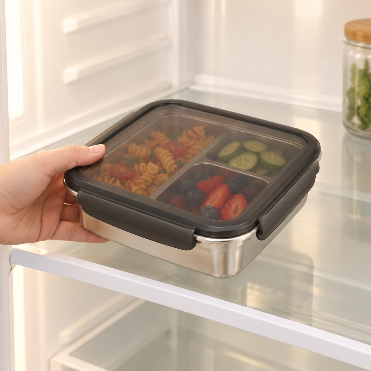 Three-Compartment Lunch Box with Lid — illustrative use or setup scene