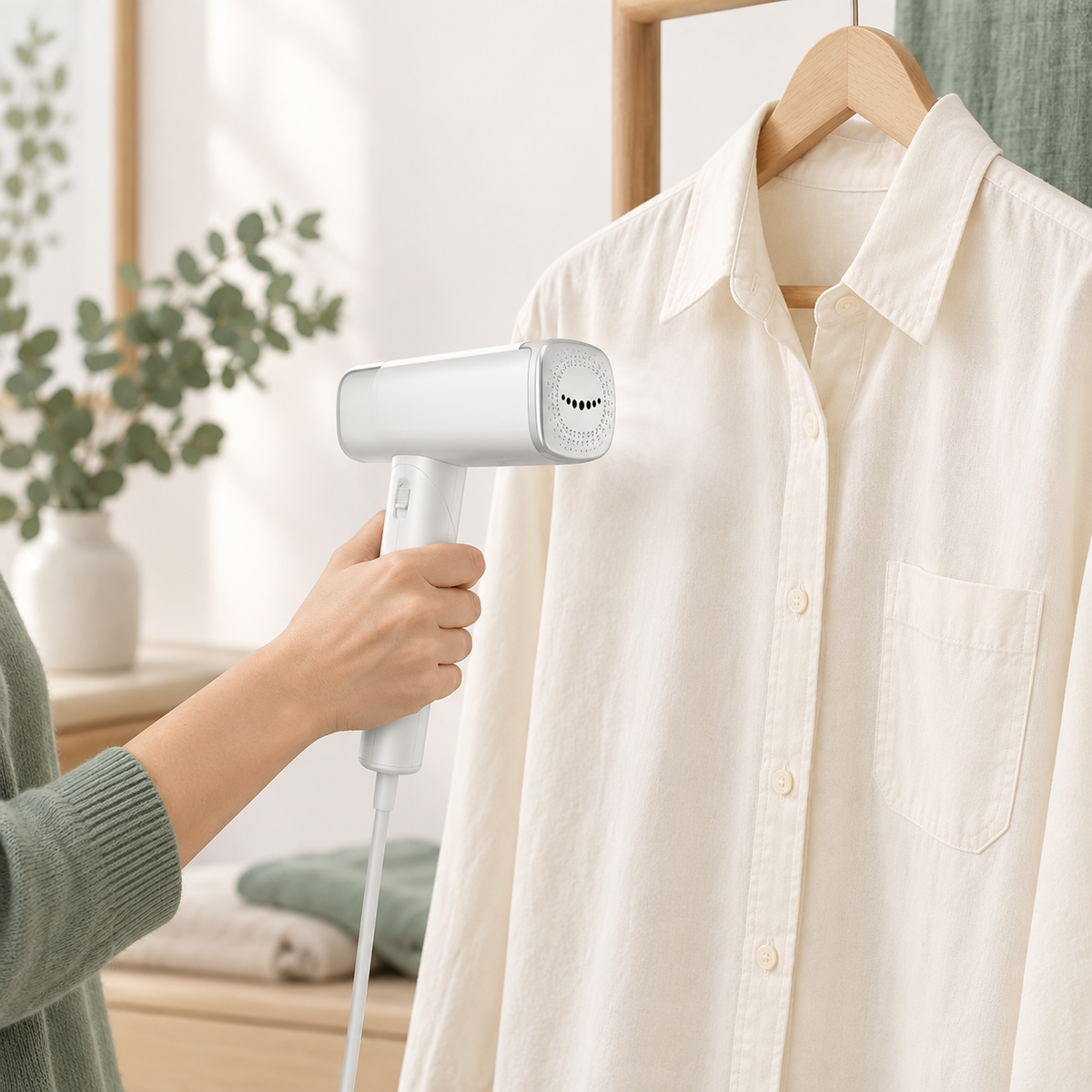 Folding Handheld Garment Steamer — illustrative use or setup scene