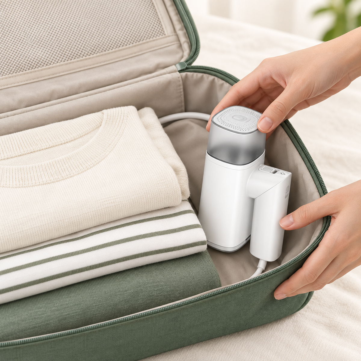 Folding Handheld Garment Steamer — illustrative use or setup scene