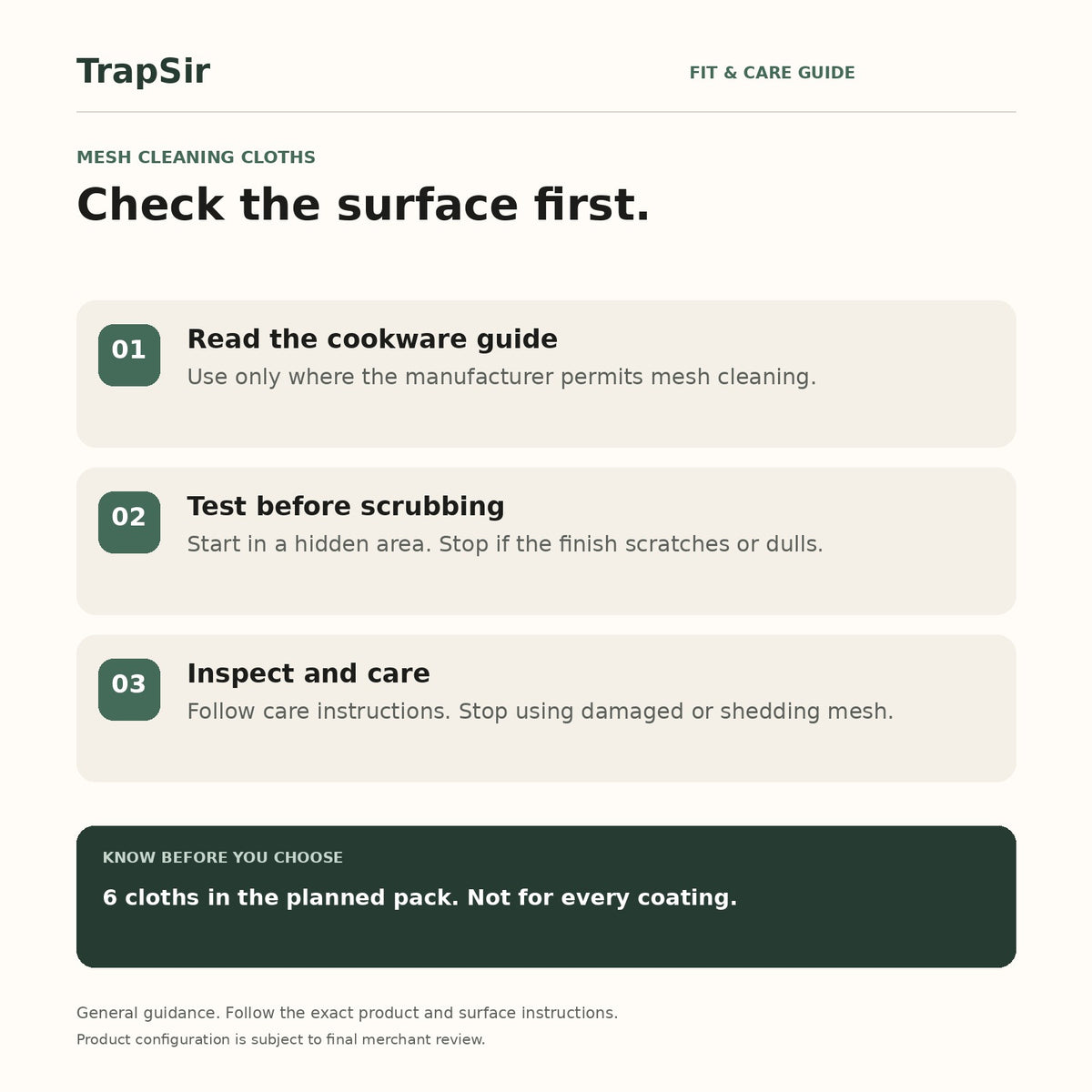 Mesh cloth surface guide: follow cookware instructions, test before scrubbing and stop using damaged mesh; planned pack contains six cloths.