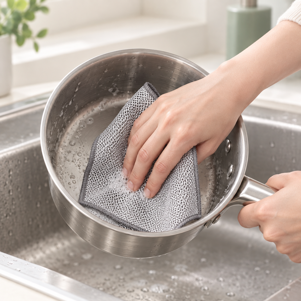 TrapSir mesh cloth — illustrative kitchen-cleaning scene, not a scratch-compatibility test.
