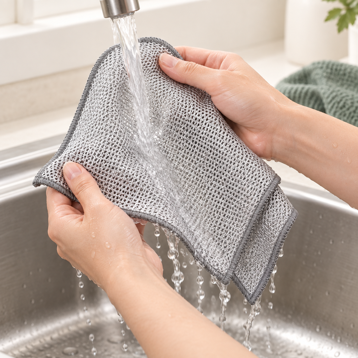 TrapSir mesh cloth — illustrative kitchen routine; cookware and scene accessories not included.
