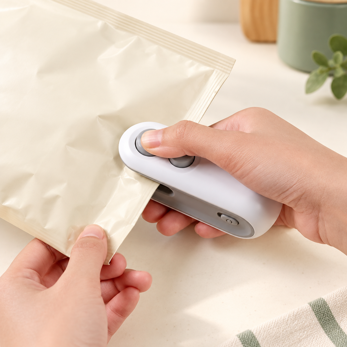 TrapSir mini heat bag sealer — illustrative use scene, not a verified seal-strength test.