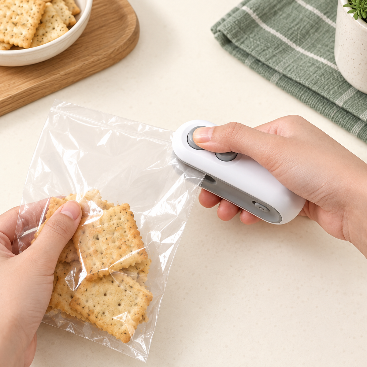 TrapSir mini heat bag sealer — illustrative kitchen routine; packaging and scene accessories not included.