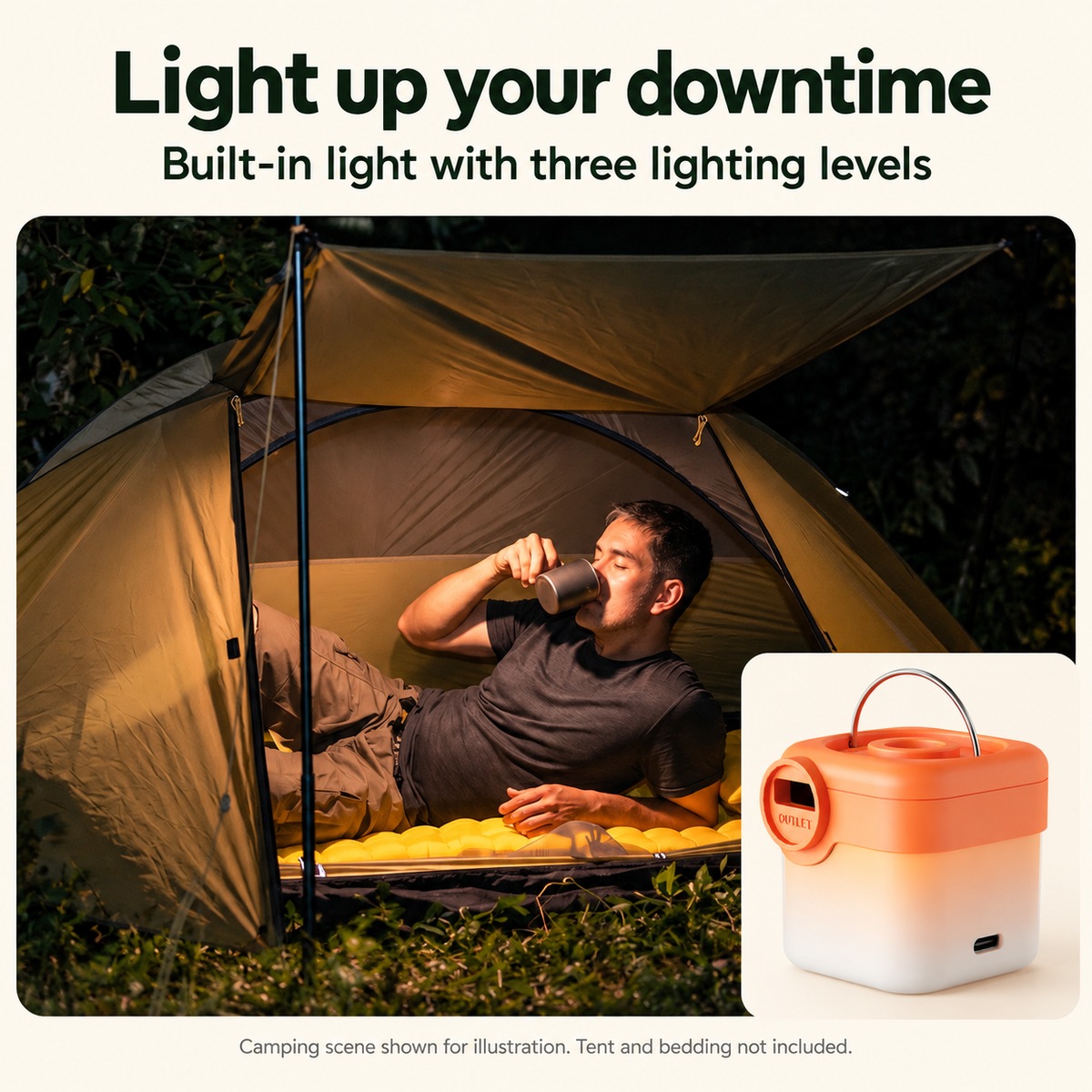 Built-in light with three lighting levels, with illustrative camping scene and orange pump