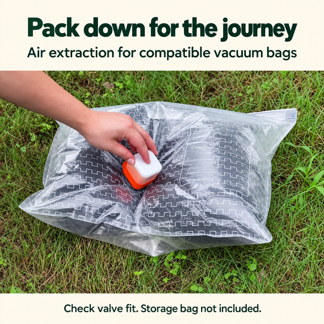 Orange pump extracting air from a compatible vacuum storage bag