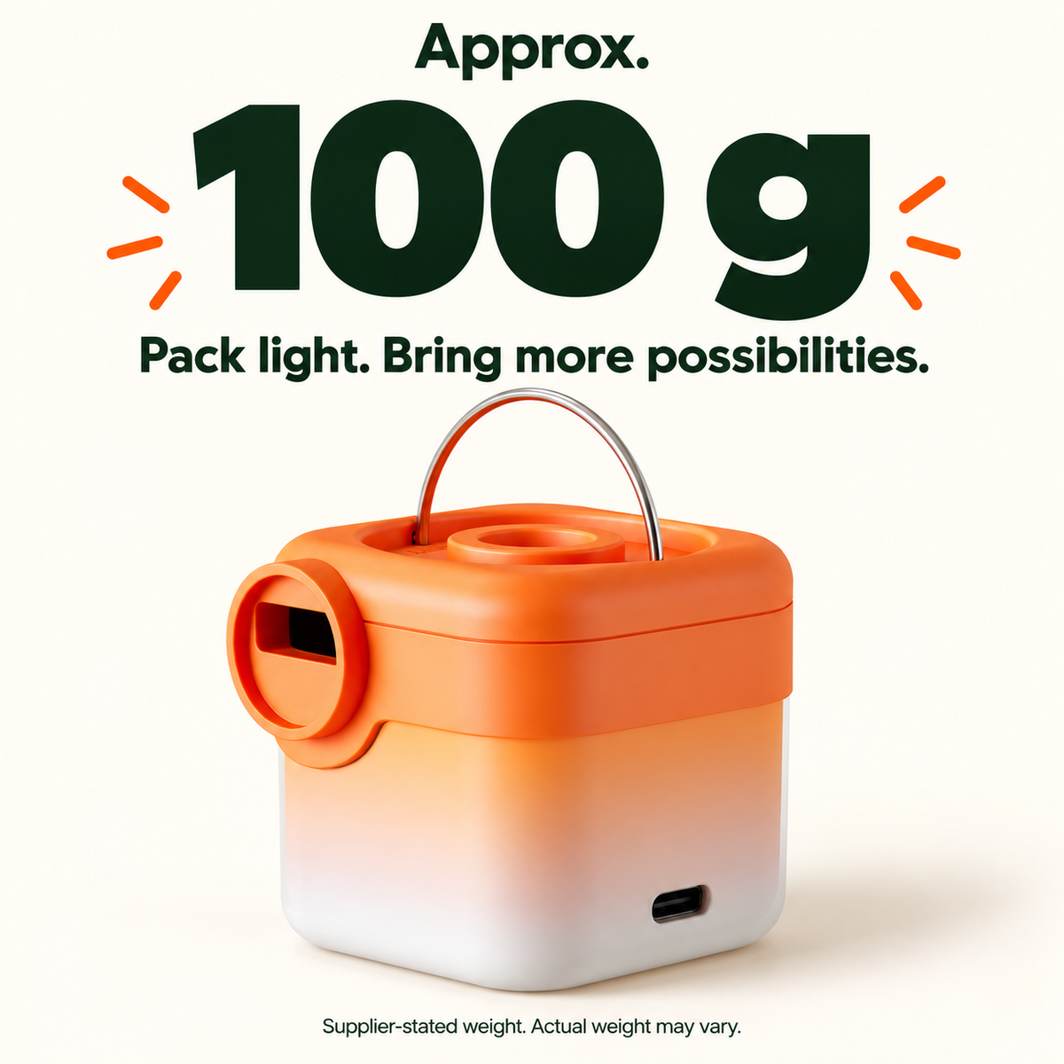 Orange mini air pump with approximate supplier-stated weight of 100 g