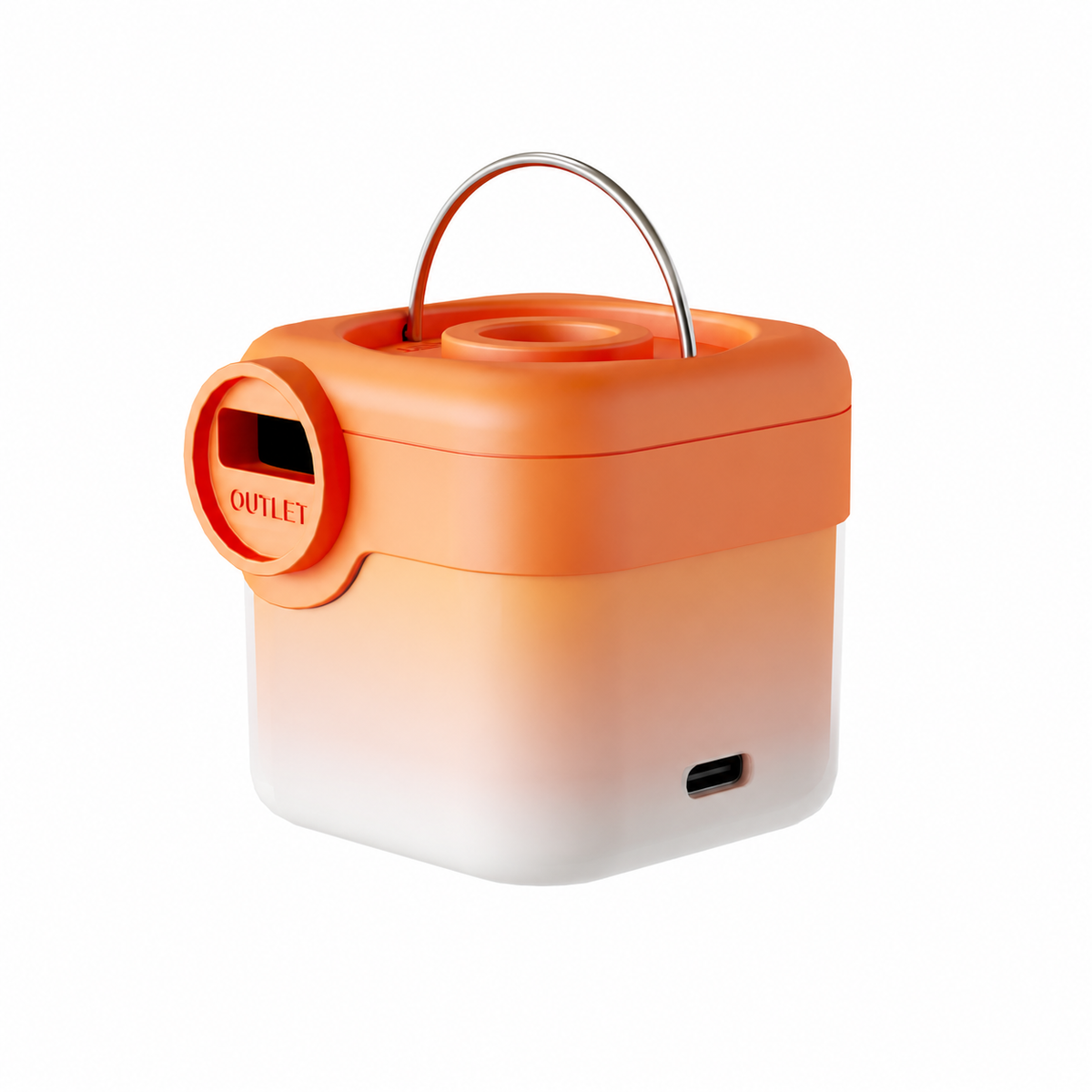 Orange mini air pump with translucent body, metal hanging loop and USB-C port
