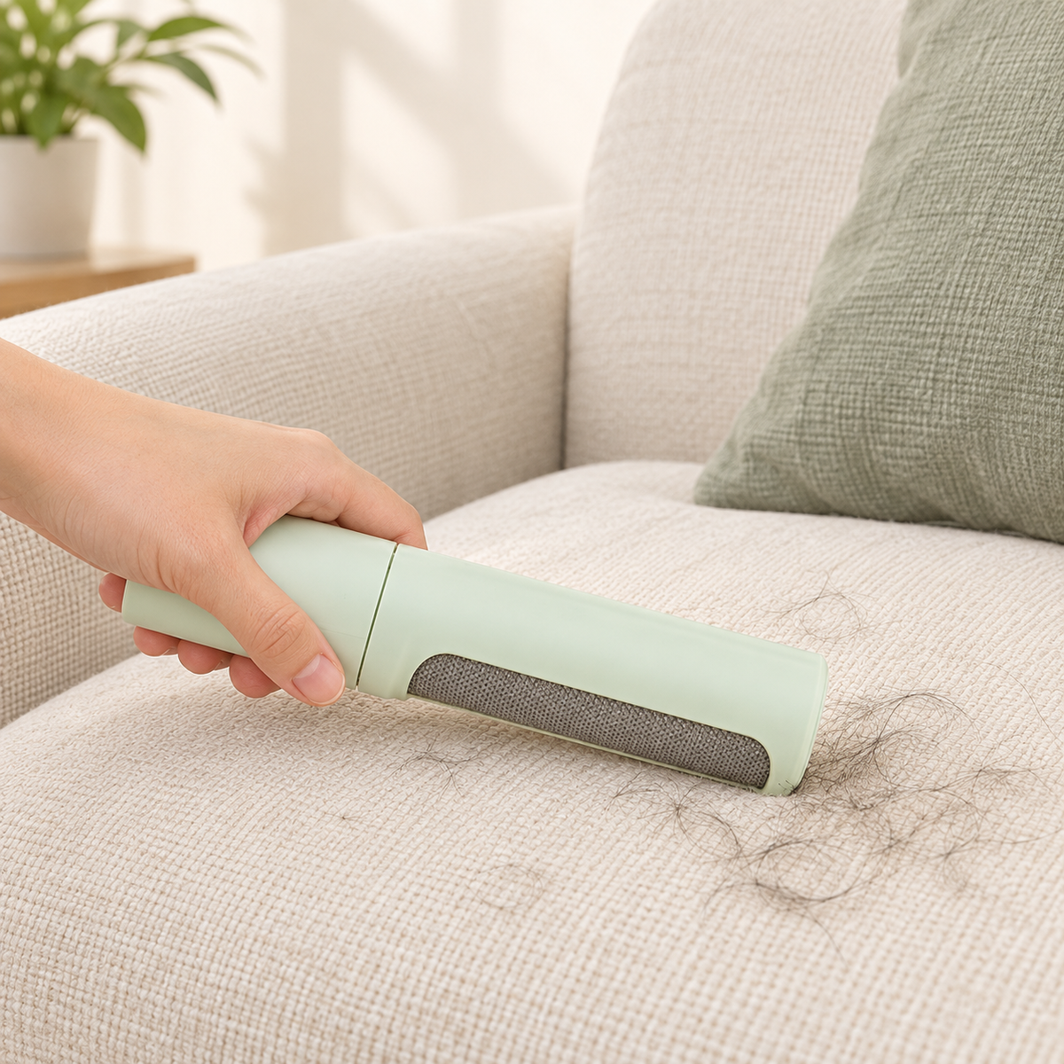 TrapSir pet-hair roller — illustrative use scene, not a verified performance test.