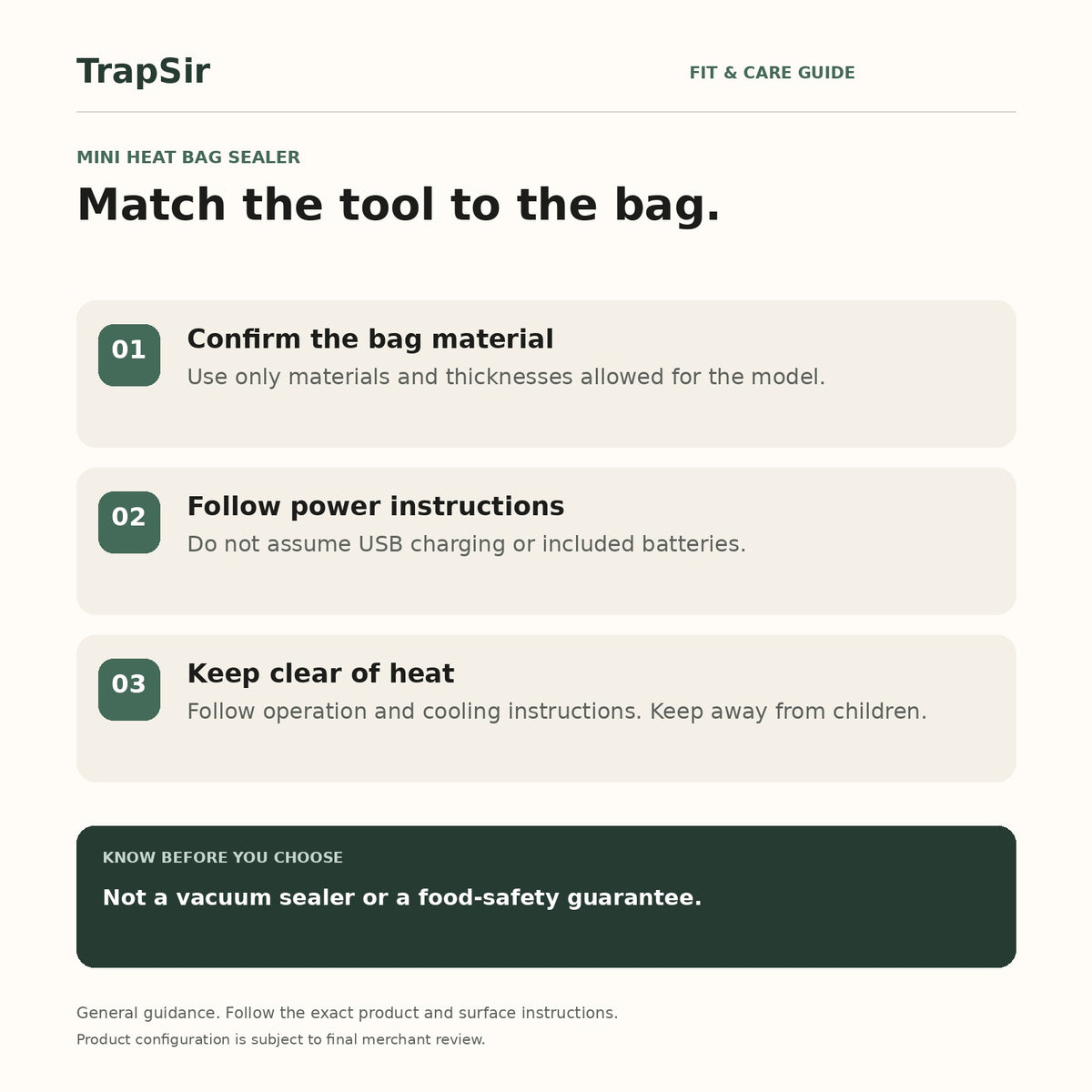 Mini heat sealer guide: check bag material and model power instructions, keep clear of heat; no vacuum or food-safety guarantee.
