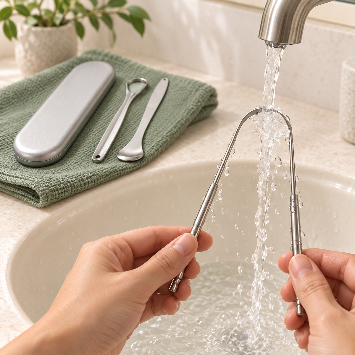 Stainless Steel Tongue Cleaner Set — illustrative use or setup scene
