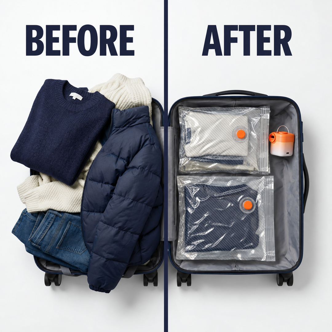 TrapSir Travel Pump and Voyager bags; illustrative before-after marketing image