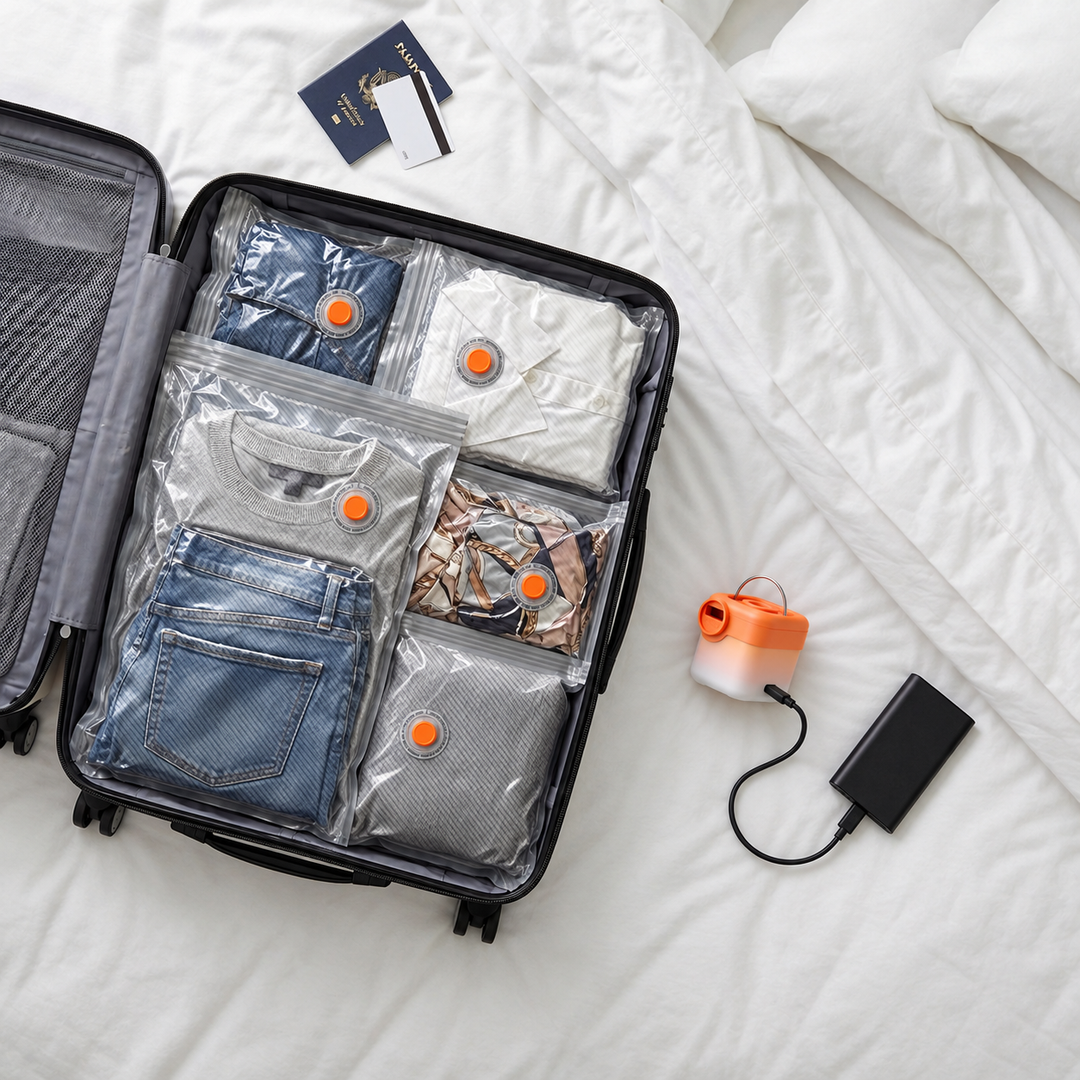 TrapSir Travel Pump and Voyager bags; illustrative charging marketing image