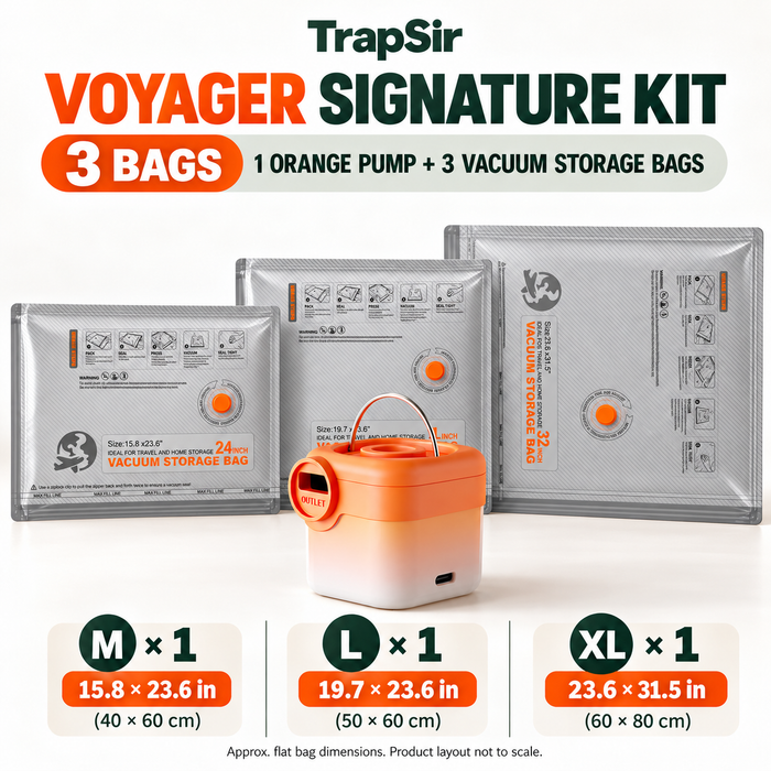 Voyager Signature Kit with 1 orange Travel Pump and 3 vacuum bags: 1 M, 1 L and 1 XL. Approximate flat dimensions 15.8 × 23.6, 19.7 × 23.6 and 23.6 × 31.5 inches; illustration layout not to scale.