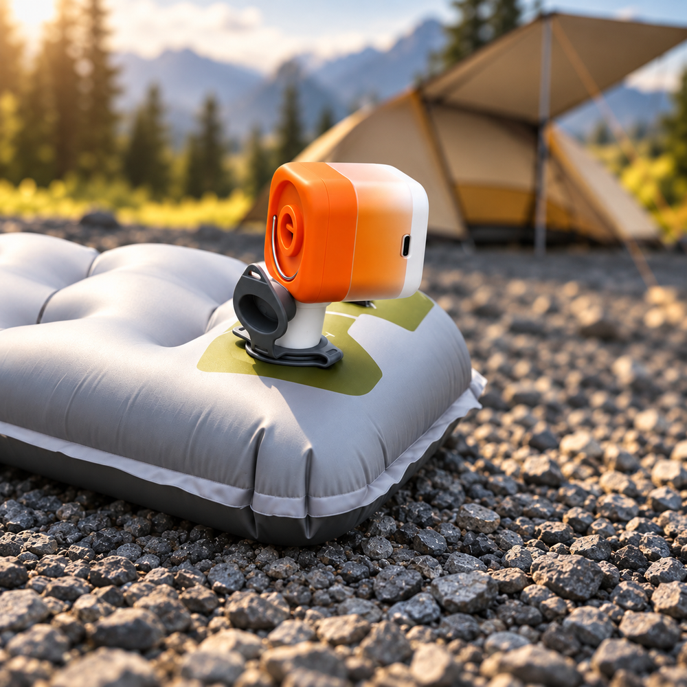 Orange Travel Pump connected to a camping sleeping pad, with a tent in the background